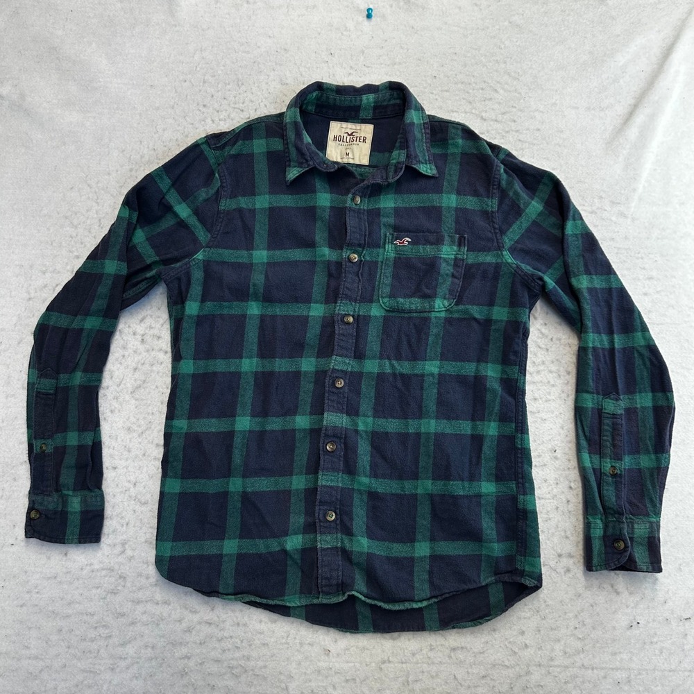 Hollister Button Up Shirt Mens Size M Blue Green Plaid Flannel Long Sleeve